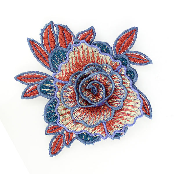 Aplique bordado Rosa 3D granate y oro