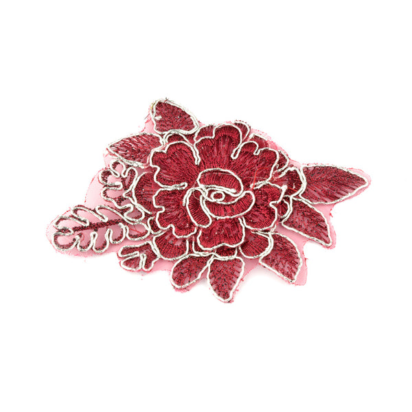 aplicación flor lame 10×8.5 cm granate y plata