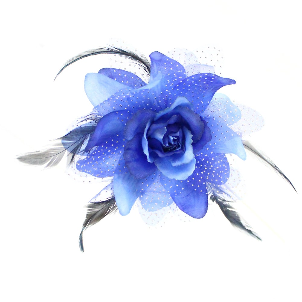 flor organza y plumas azul